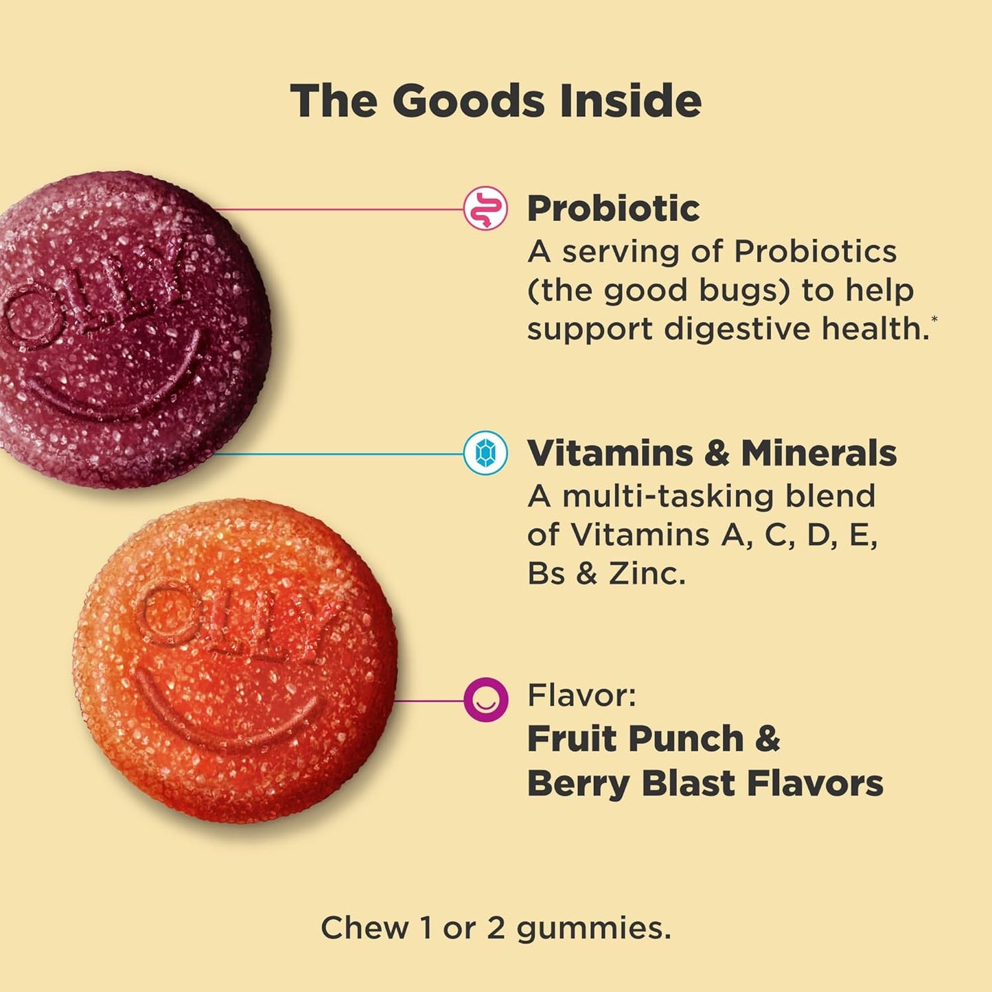 OLLY Kids Multivitamin & Probiotic Gummy, Digestive Support, Vitamins A, D, C, E, B, Zinc, Chewable Supplement, Berry