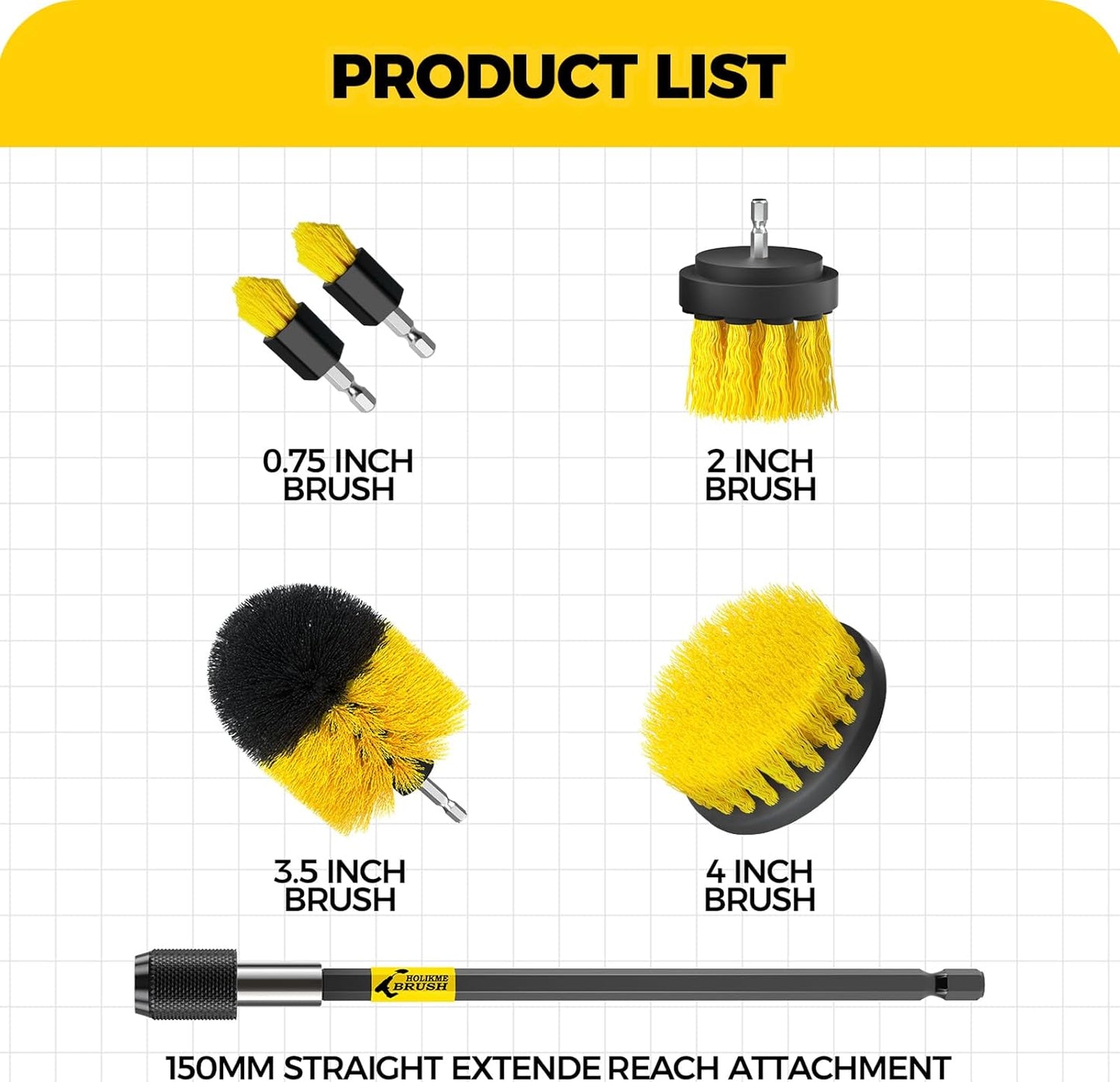 Holikme 6Pack Drill Brush Power Scrubber Cleaning Brush Extended Long Attachment Set All Purpose Drill Scrub Brushes Kit for Grout, Floor