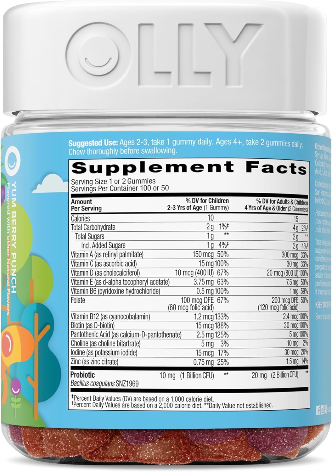 OLLY Kids Multivitamin & Probiotic Gummy, Digestive Support, Vitamins A, D, C, E, B, Zinc, Chewable Supplement, Berry