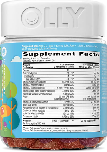 OLLY Kids Multivitamin & Probiotic Gummy, Digestive Support, Vitamins A, D, C, E, B, Zinc, Chewable Supplement, Berry