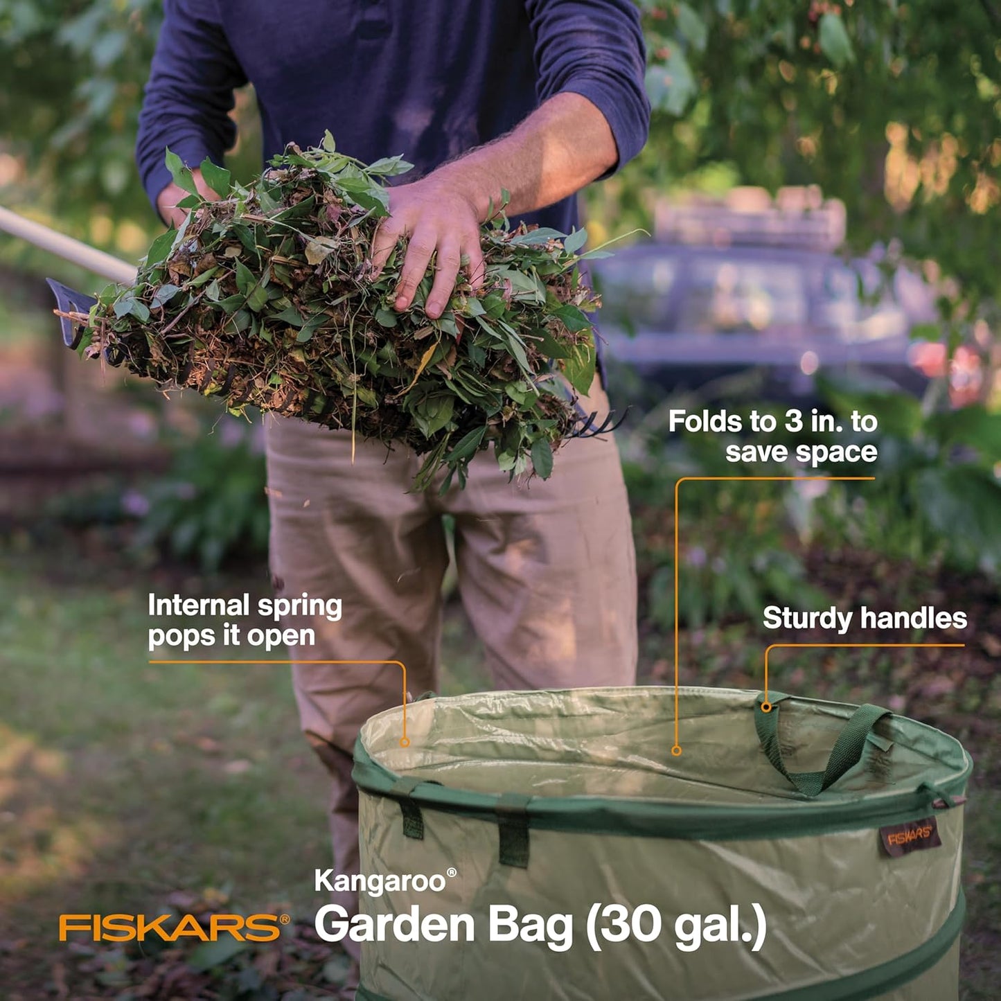 Fiskars Kangaroo Collapsible Spring Up Garden Bag for Yard Waste, Grass, Branches & Weeds, Tear & Mildew Resistant Vinyl-Coated
