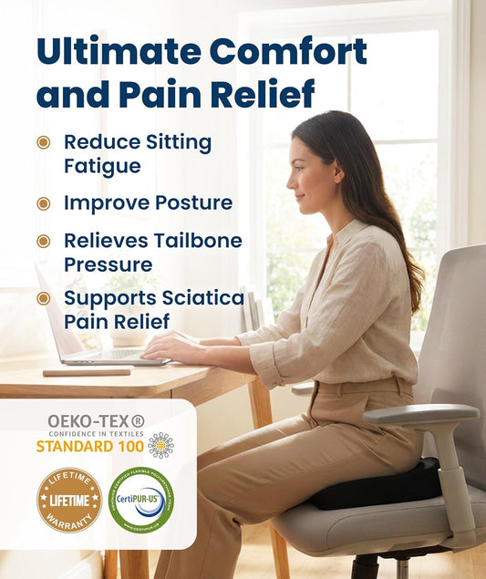 Everlasting Comfort Doctor Recommended Memory Foam Seat Cushion for Office Chairs & Car - Ergonomic Office Desk Accessories - Cushions for Tailbone