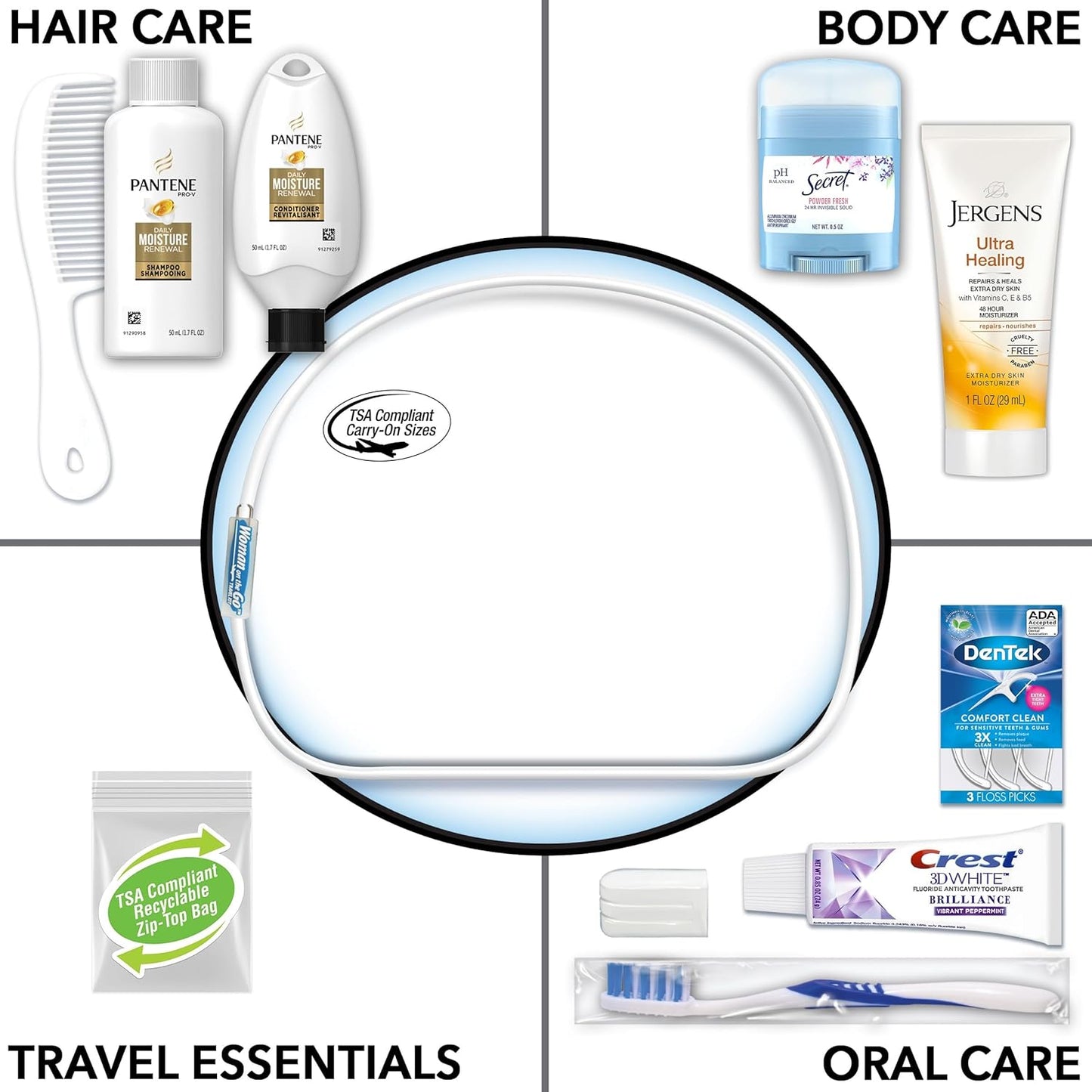 Convenience Kits International Women's Deluxe 10 Piece Kit with Travel Size TSA Compliant Essentials Featuring: Pantene Hair Products in Reusable