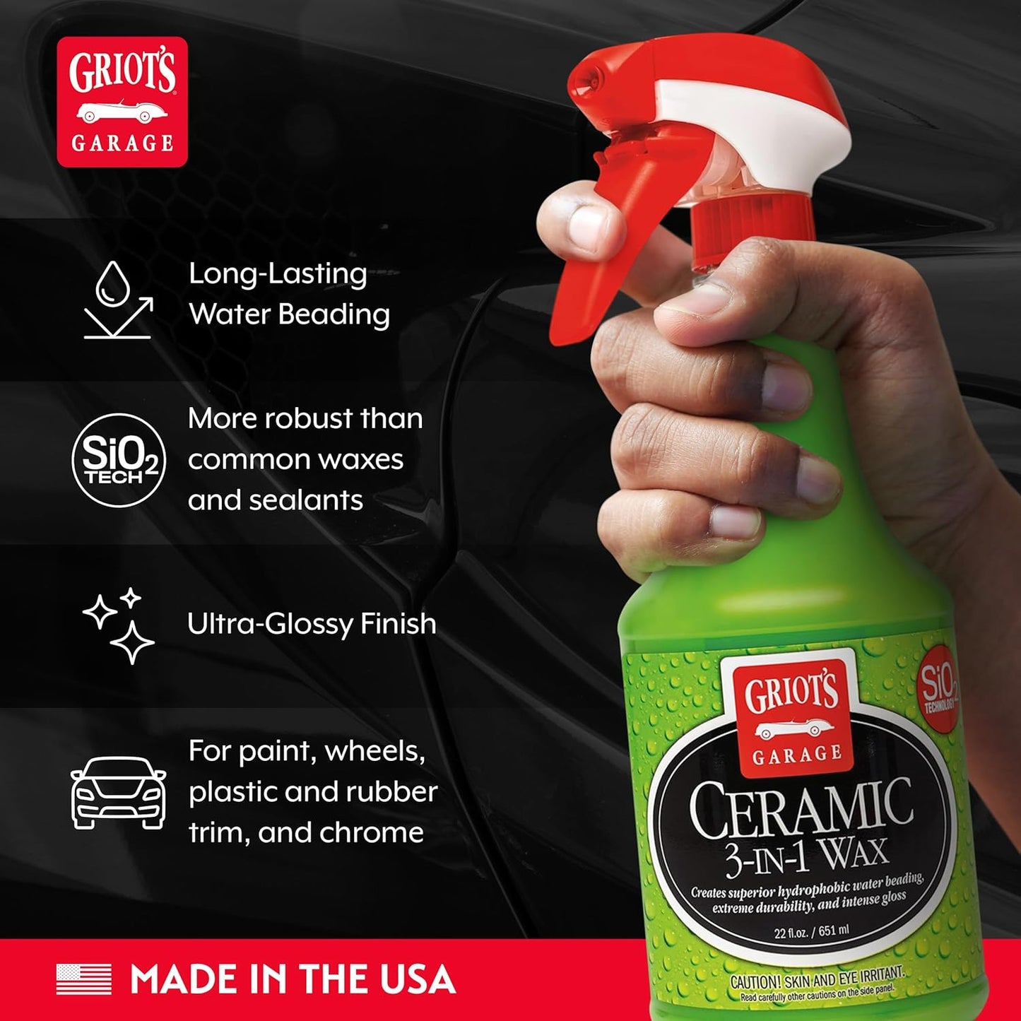 Griots Garage Ceramic 3-in-1 Wax, SiO2 Spray for Cars, Trucks, and RVs, Provides Protection and Water Beading on Paint, Wheels, Plastic, Rubber