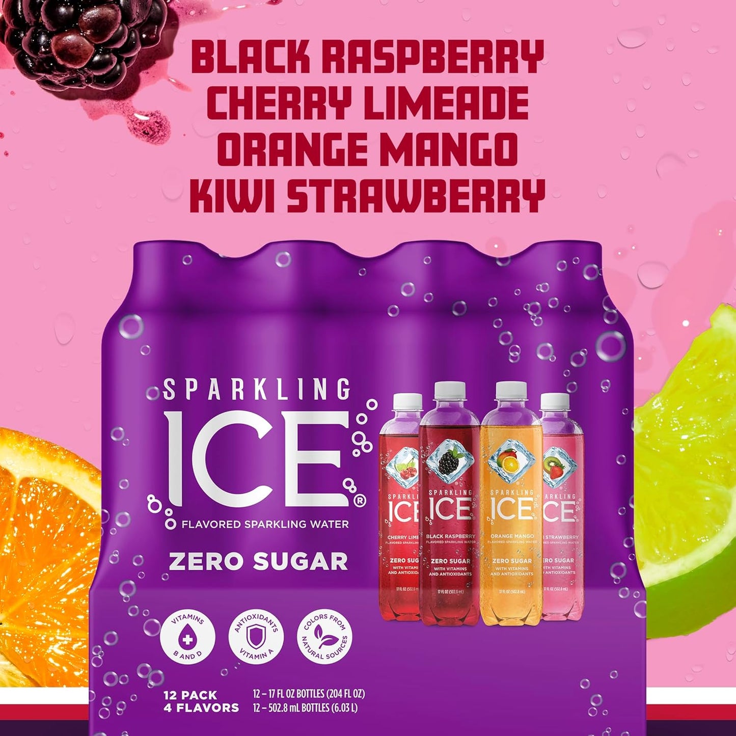 Sparkling Ice Purple Variety Pack, Flavored Water, Zero Sugar, with Vitamins and Antioxidants, 17 fl oz, 12 count (Black Raspberry, Cherry