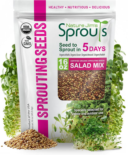 Nature Jims Sprouts Organic Salad Mix Non-GMO Microgreen Seeds, Perfect for Growing Nutritious Organic Broccoli