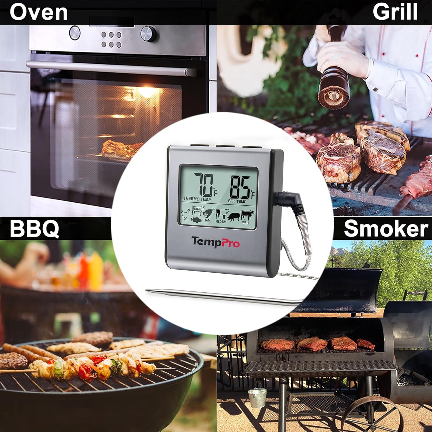 TempPro TP16 Large LCD Digital Cooking Food Meat Thermometer for Smoker Oven Kitchen BBQ Grill Thermometer Clock Timer with Stainless Steel