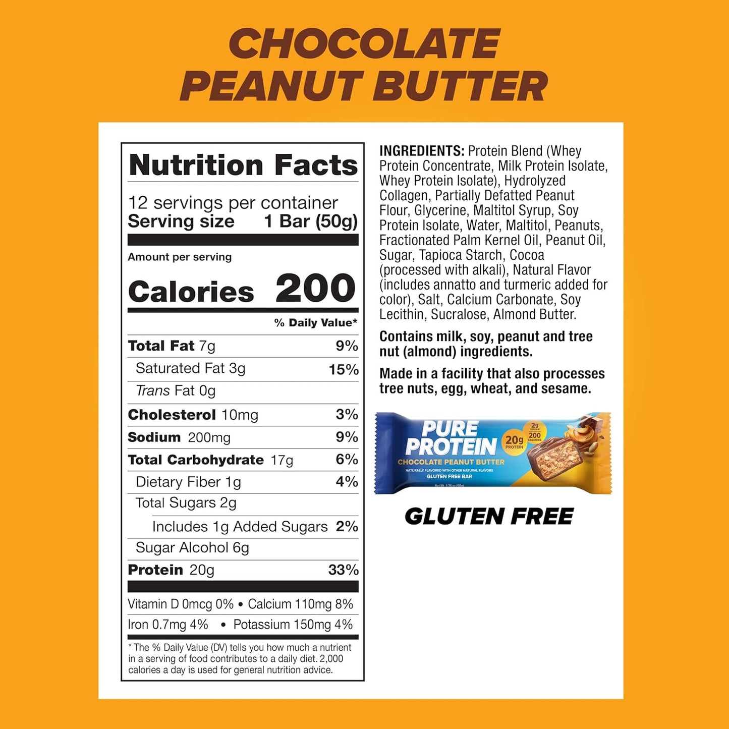 Pure Protein Chocolate Peanut Butter Protein Bars 20g Protein, 3g