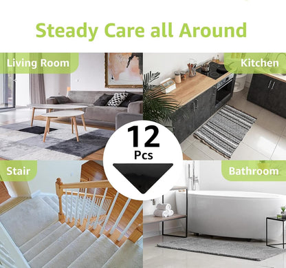 Rabenda 12 Pcs Rug Tape, Non Slip Rug Pads Grippers for Hardwood Floors and Tiles, Reusable Carpet Tape for Area