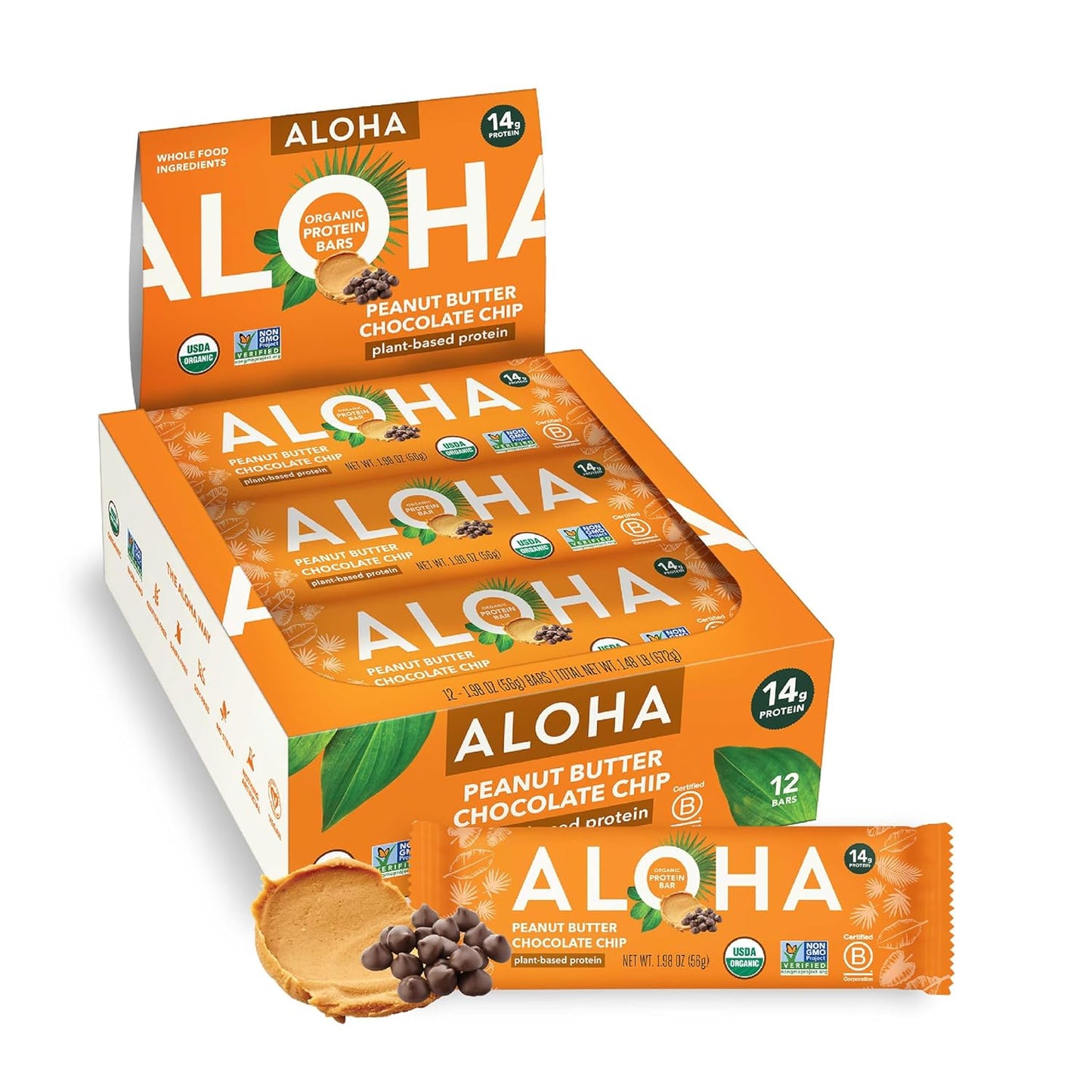 ALOHA Organic Plant Based Protein Bars |Peanut Butter Chocolate Chip, 1.98 Oz (2), Vegan, Low Sugar, Gluten Free, Paleo, Low Carb