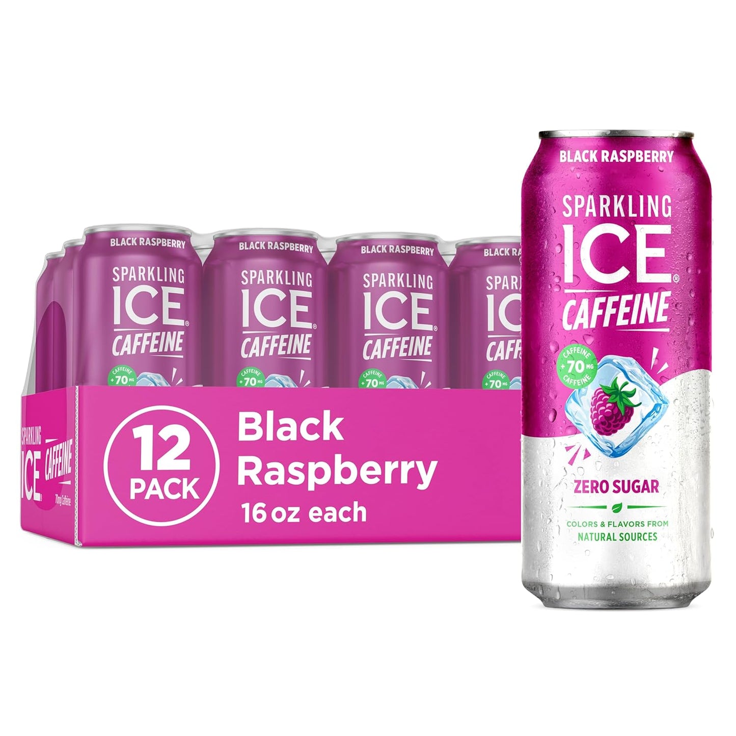 Sparkling Ice Caffeine Black Raspberry Sparkling Water with Caffeine, Zero Sugar, with Antioxidants and Vitamins,16 fl oz Cans (2)