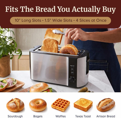 Elite Gourmet ECT-3100 4-Slice Long Slot Toaster, Extra Wide Slots for Bagels, Sourdough & Texas Toast, 6 Browning Settings, Reheat, Defrost &