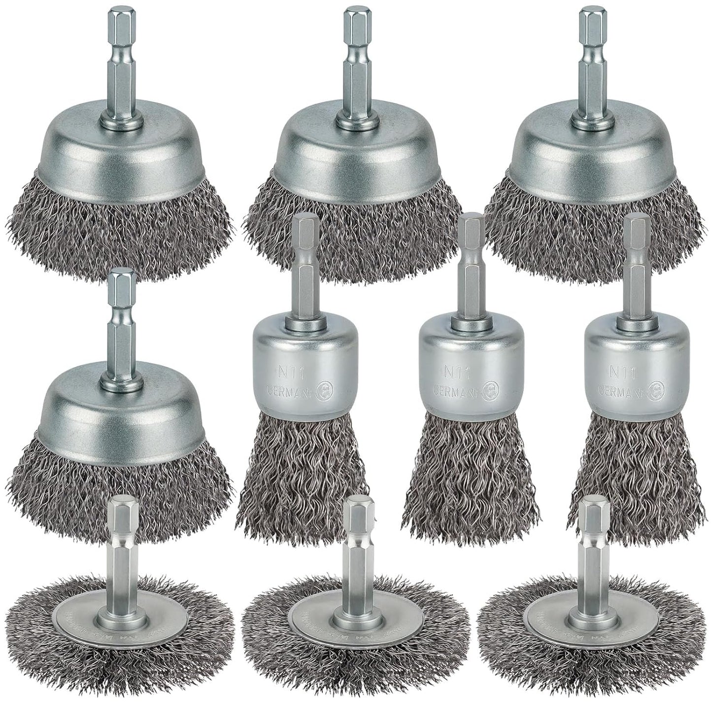 10 Pcs Wire Brush for Drill, Coarse Carbon Steel Crimping Wire Wheel Brush, 1/4 Inch Hex Shank, Cup Brush Drill Bit for Cleaning