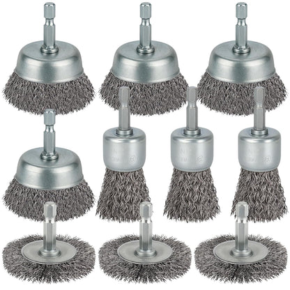 10 Pcs Wire Brush for Drill, Coarse Carbon Steel Crimping Wire Wheel Brush, 1/4 Inch Hex Shank, Cup Brush Drill Bit for Cleaning