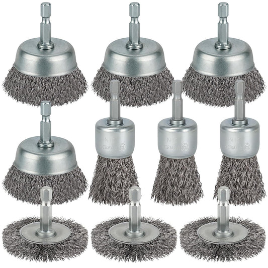 10 Pcs Wire Brush for Drill, Coarse Carbon Steel Crimping Wire Wheel Brush, 1/4 Inch Hex Shank, Cup Brush Drill Bit for Cleaning
