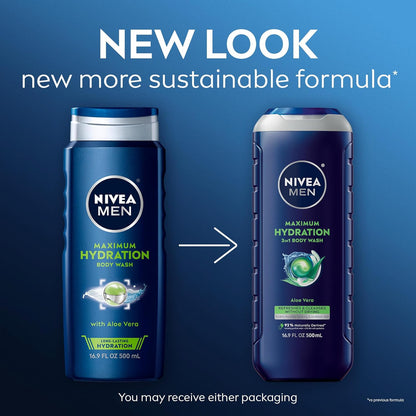 NIVEA MEN Maximum Hydration Body Wash for Dry Skin, Aloe Vera Enriched, 3-in-1 Moisturizing Body Wash, Face and Hair, Paraben Free, Vegan
