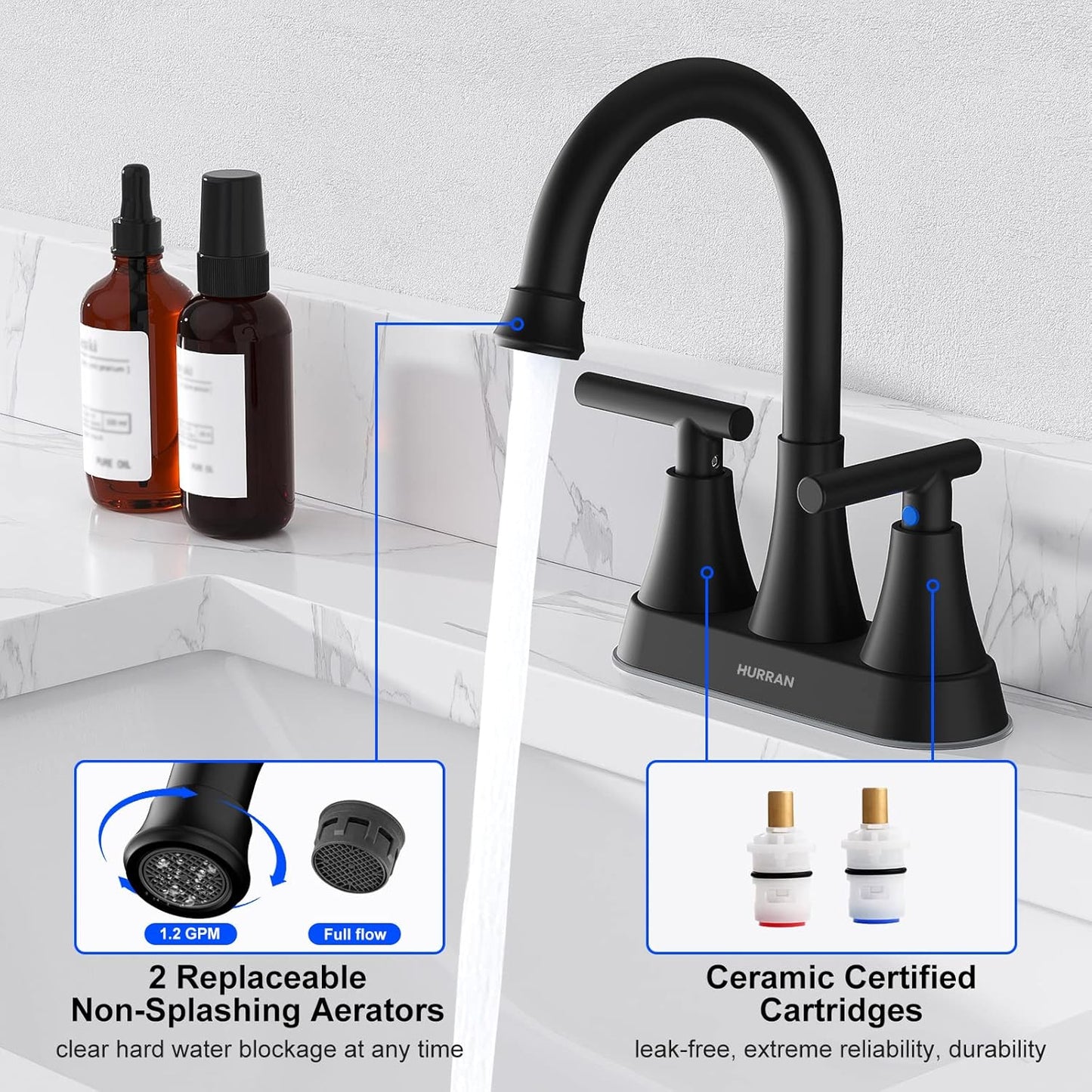 Bathroom Faucets for Sink 3 Hole, Hurran 4 inch Matte Black with Pop-up Drain and 2 Supply