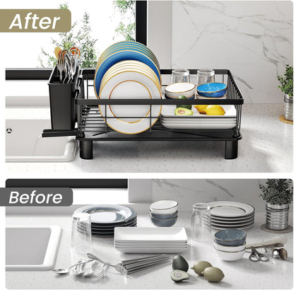 SNTD Dish Drying Rack - Space-Saving Dish Rack for Kitchen Counter, Stainless Steel Dish Drainer with Utensil Holder and