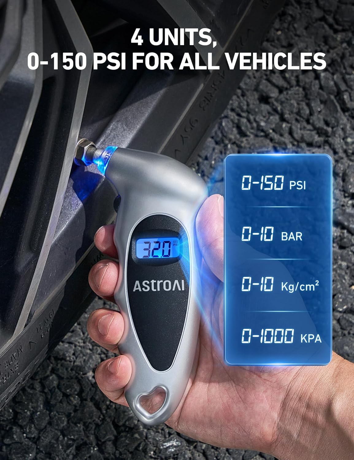 AstroAI Digital Tire Pressure Gauge 0-150PSI Calibrated to ANSI B40.7 +/-1PSI, Accurate in 0.1