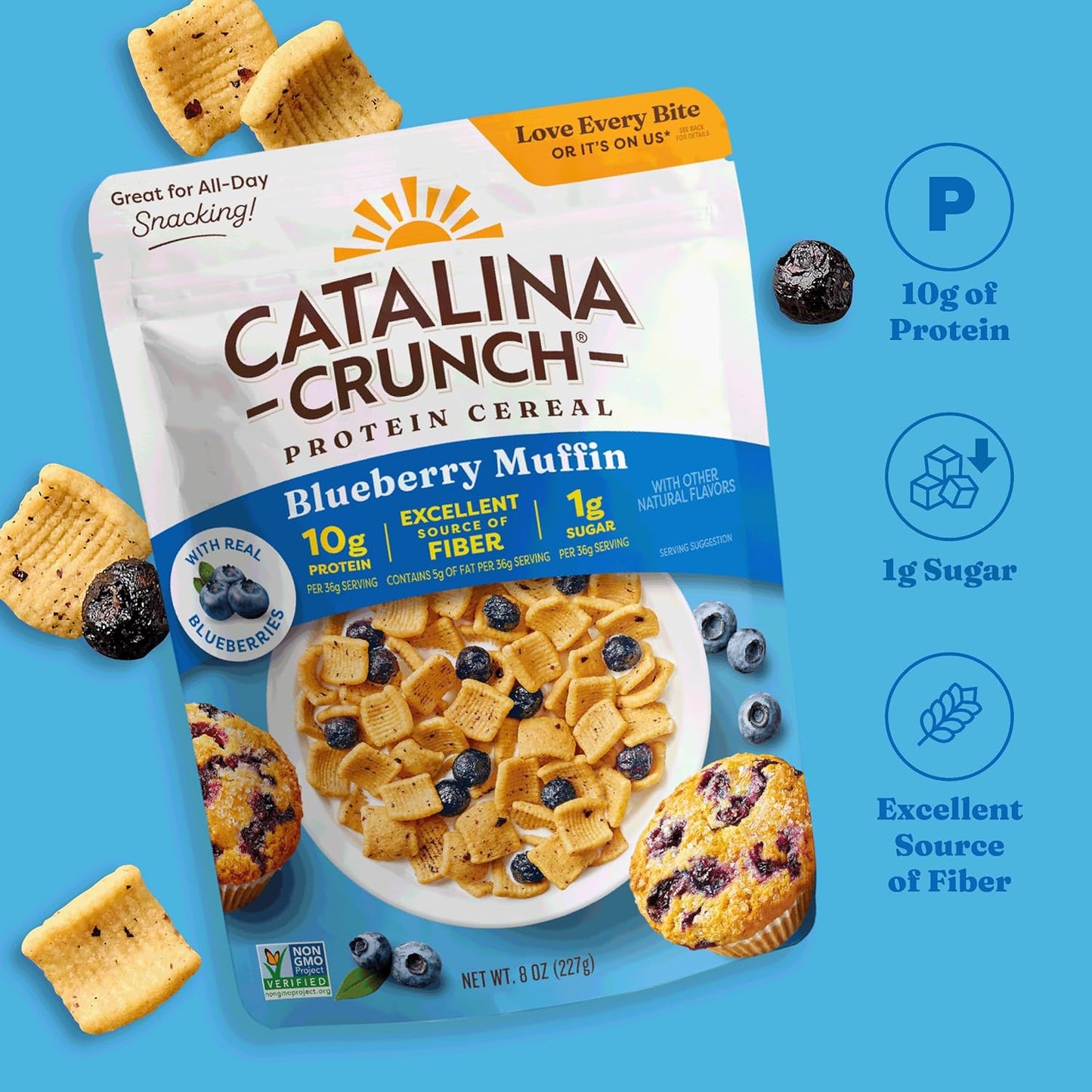 Catalina Crunch Protein Cereal - Breakfast Cereal with 10g of Protein, No Added Sugar - Gluten Free - Blueberry Muffin - 8 oz. Bag