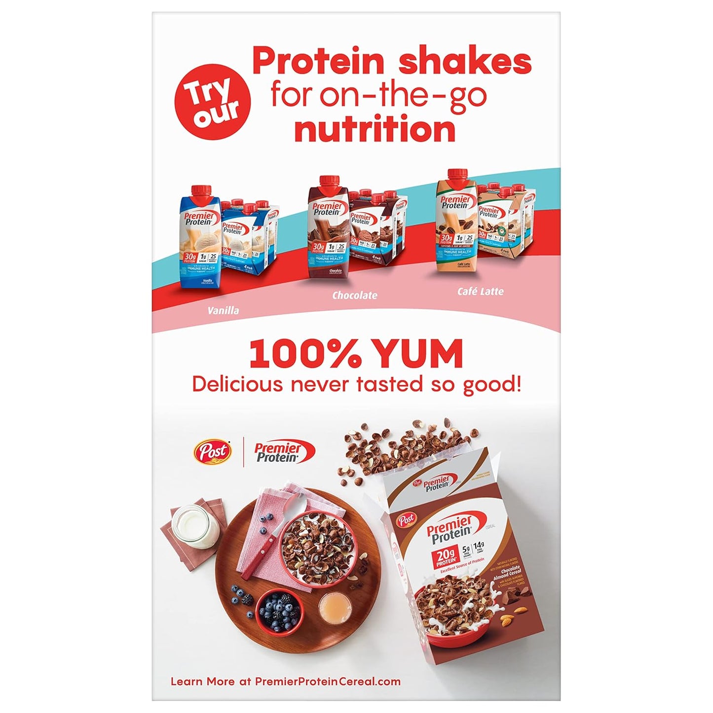 Premier Protein Mixed Berry Almond Cereal, Protein Cereal Flakes Mixed with Dried Berries and Sliced Almonds, Contains 20g of Protein Per