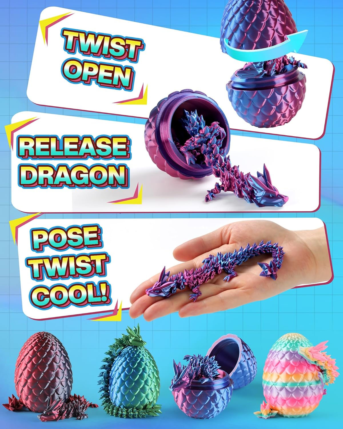 Rapean 8" 3D Printed Dragon Eggs, Easter Basket Stuffers for Kids and Teens, Unique Easter Toys & Decor for