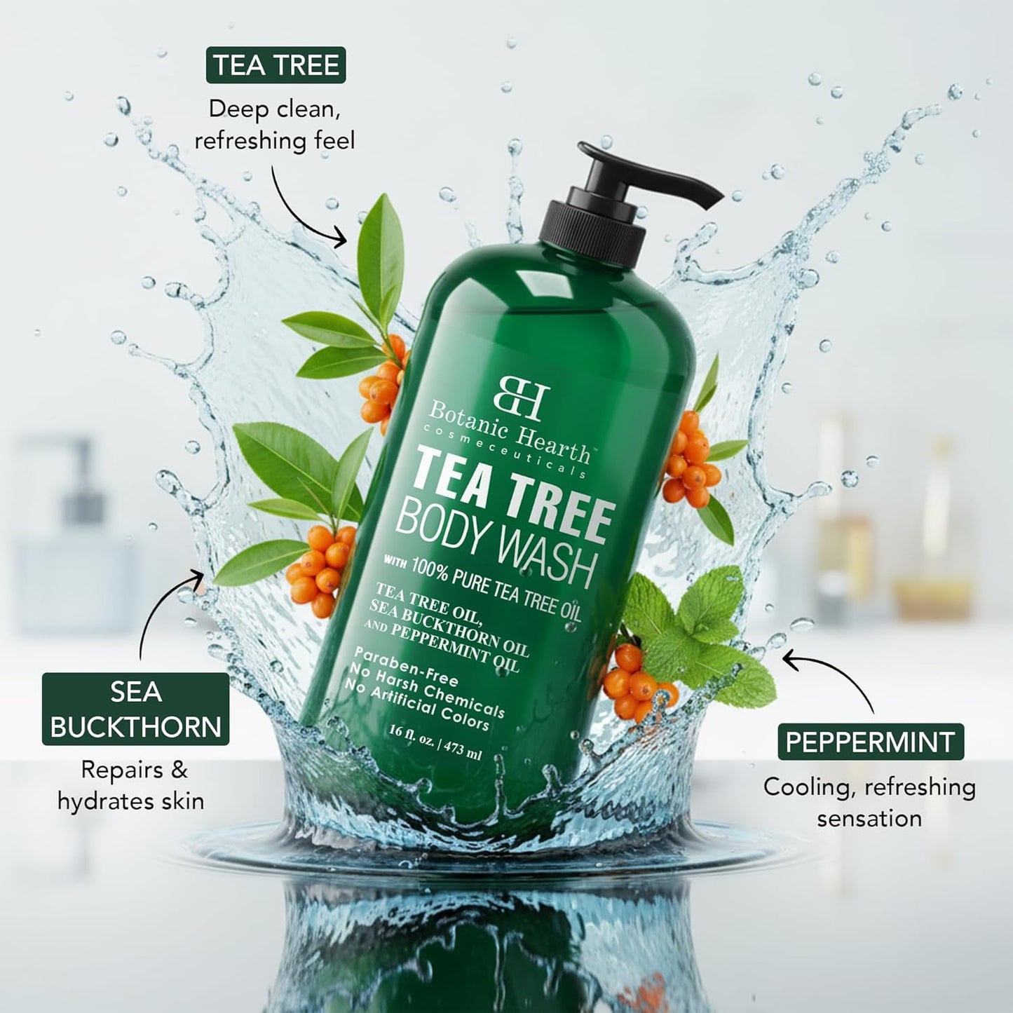 Botanic Hearth Tea Tree Body Wash -16 fl oz- All-Natural Antifungal & Odor-Control Shower Gel for Acne, Athletes Foot