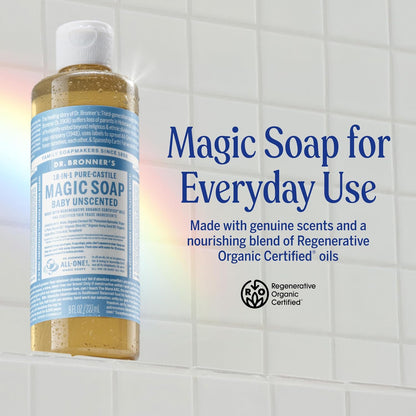 Dr. Bronner's Pure-Castile Magic Liquid Soap (Baby Unscented, 8 Ounce)- Made with Regenerative Organic Certified Oils, For Face, Body Wash, Baby
