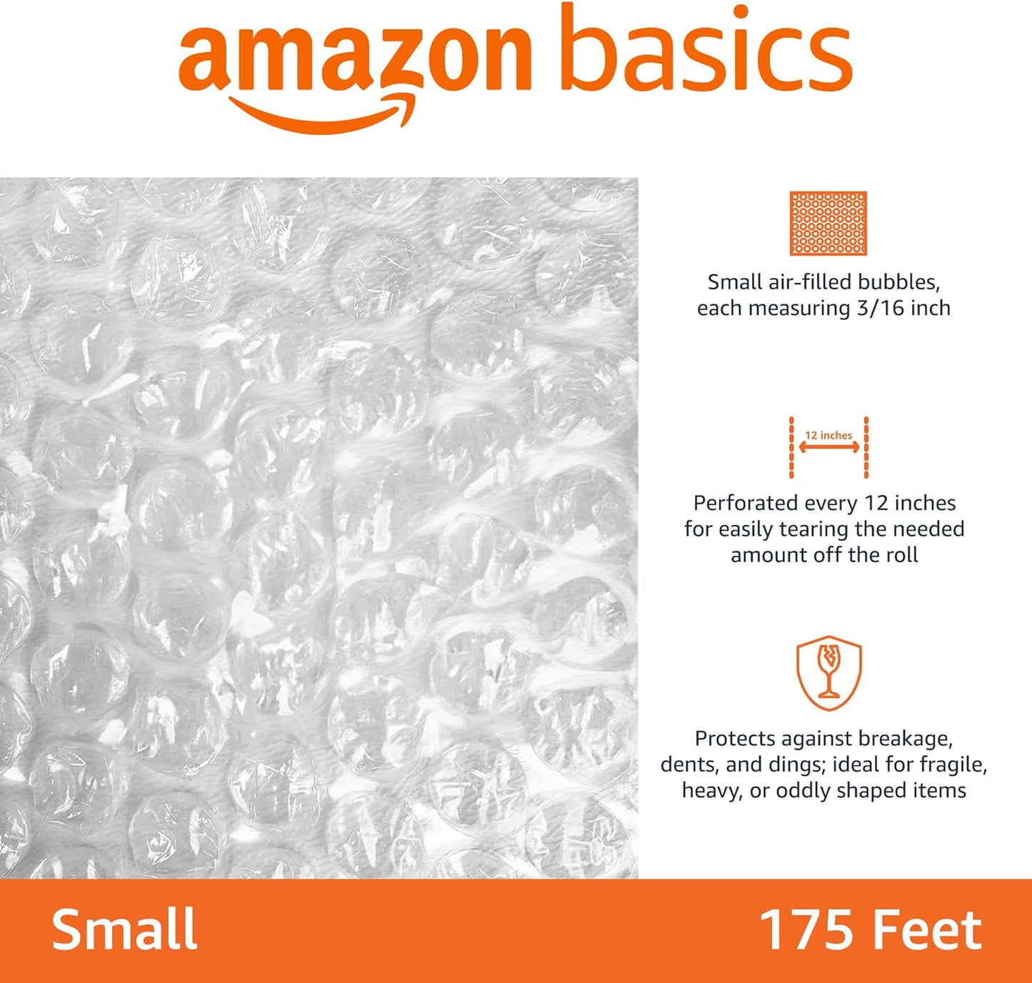 Amazon Basics Bubble Wrap for Moving, Packing, Shipping and Storage, Perforated Protective Cushioning for Fragile Items, 12-inch x 175-ft Long