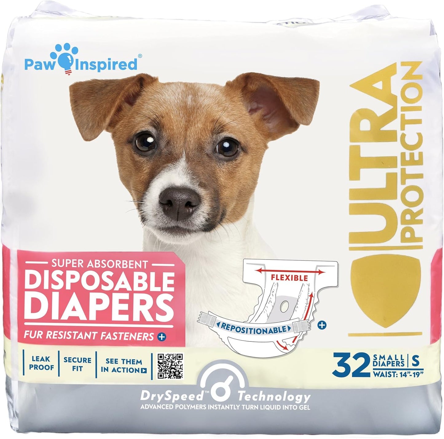 Paw Inspired 32ct Disposable Dog Diapers, Female Dog Diapers Ultra Protection, Diapers for Dogs in Heat, Excitable Urination, or Incontinence (Small)