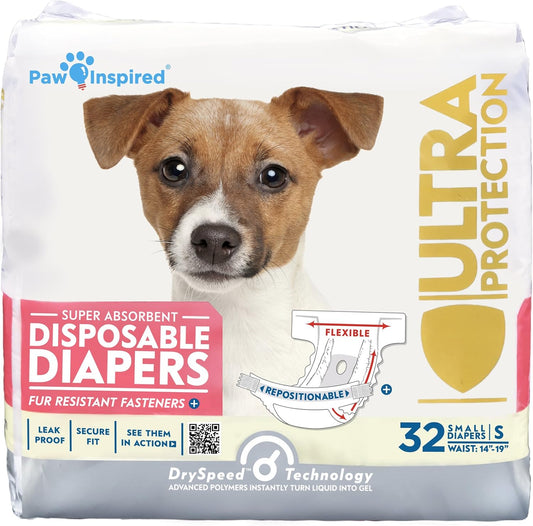 Paw Inspired 32ct Disposable Dog Diapers, Female Dog Diapers Ultra Protection, Diapers for Dogs in Heat, Excitable Urination, or Incontinence (Small)