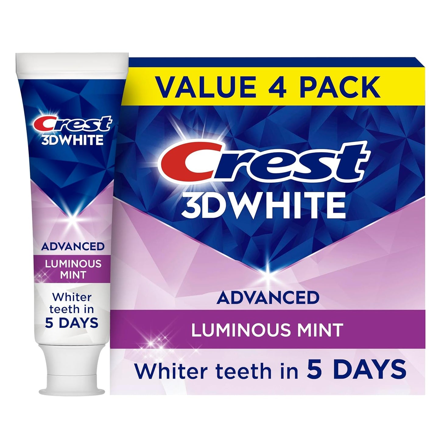 Crest 3D White Advanced Luminous Mint Teeth Whitening Toothpaste, Crest Toothpaste, 3.7 oz Pack of 4 - Helps Remove Surface Stains, Whitens