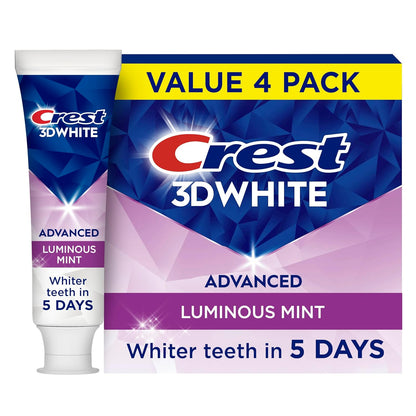 Crest 3D White Advanced Luminous Mint Teeth Whitening Toothpaste, Crest Toothpaste, 3.7 oz Pack of 4 - Helps Remove Surface Stains, Whitens