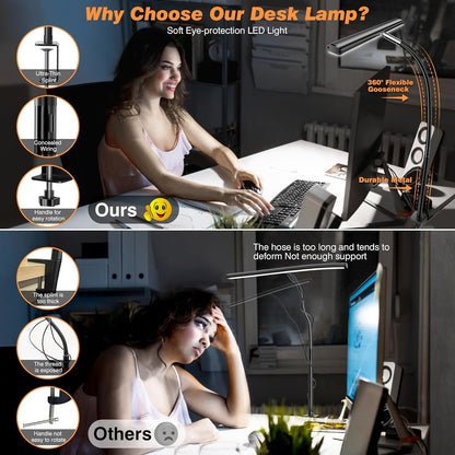 Airlonv LED Desk Lamp for Office Home, Eye-Caring Desk Light with Stepless Dimming Adjustable Flexible