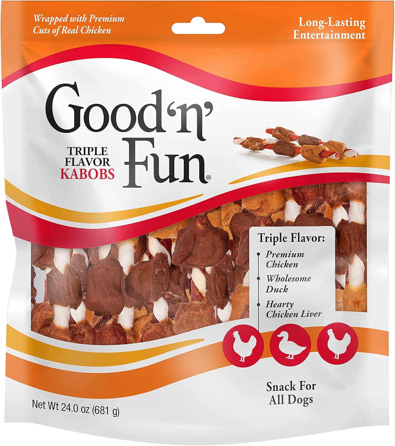 Good n Fun Triple Flavor Kabobs Chews for All Dogs, 24 Ounces, Treat Your Dog to Long-Lasting Chews Made from Beef Hide, Real Chicken, Pork