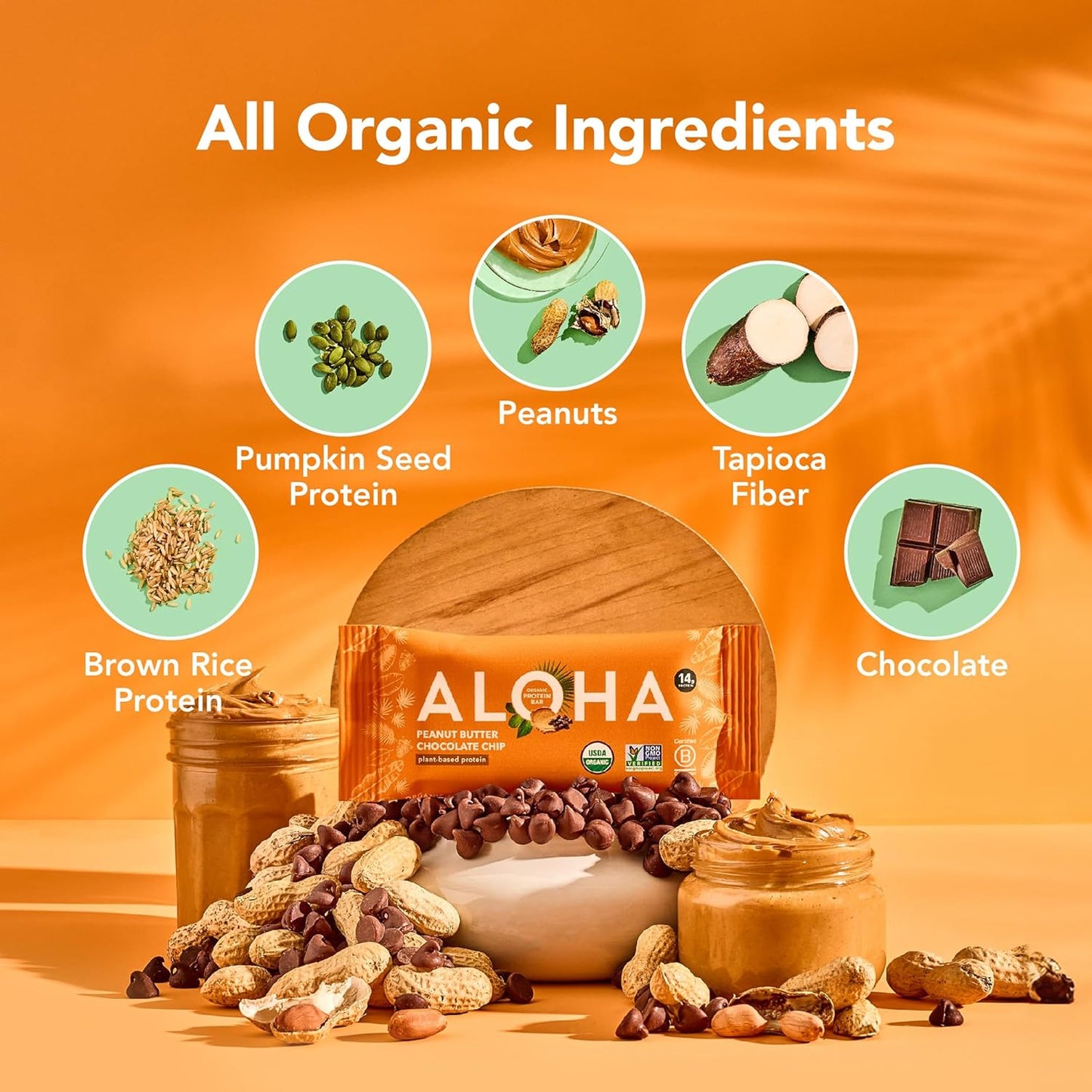 ALOHA Organic Plant Based Protein Bars |Peanut Butter Chocolate Chip, 1.98 Oz (2), Vegan, Low Sugar, Gluten Free, Paleo, Low Carb