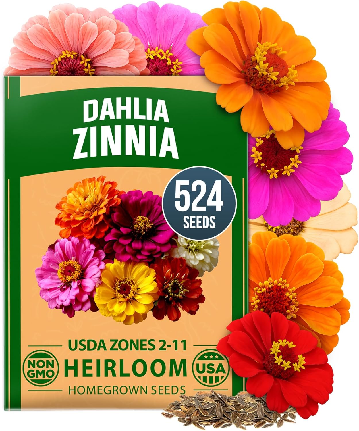HOME GROWN Zinnia Dahlia Seeds Pack for 2026 Non GMO 524 Flower Seeds, Vibrant Zinnia Elegans for Pollinator Gardens, Borders &