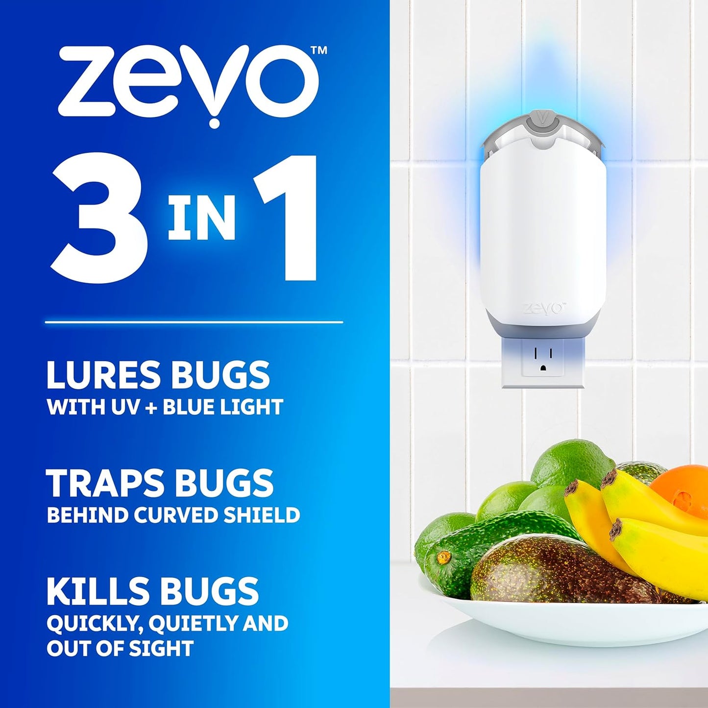 Zevo Flying Insect Trap & 3 Refill Cartridges - Plug in Fly Trap & Indoor Bug Catcher for Gnats, House & Fruit Flies - Blue & UV Light