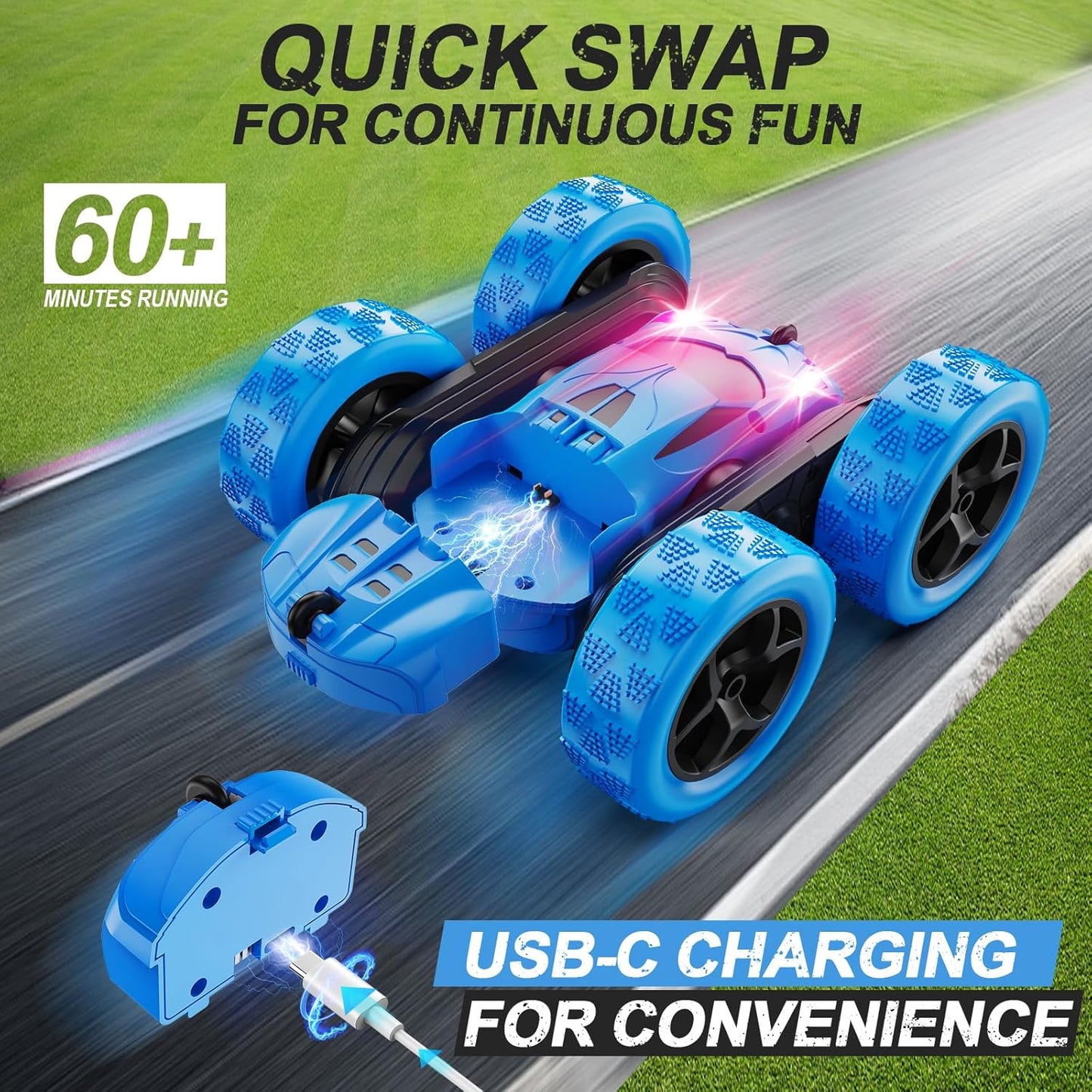 QUNREDA Remote Control Car, RC Cars Toys for Kids Ages 6-12, 4WD Stunt Car with LED Lights & 360 Flips, 2.4GHz, Upgraded USB-C Modular