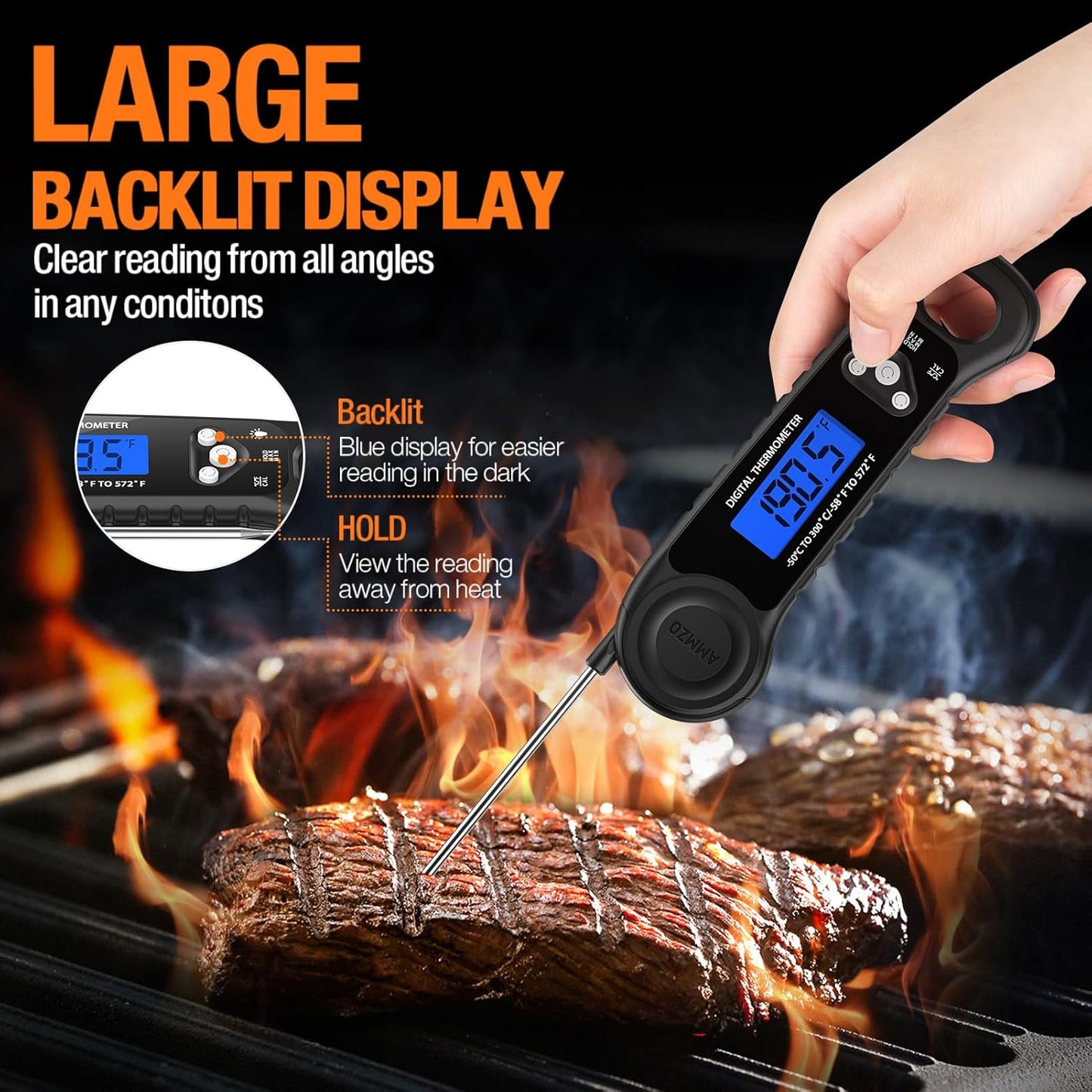 AMMZO Meat Thermometer Digital, Instant Read Food Thermometer for Cooking, Grilling, Baking, Frying & Candy