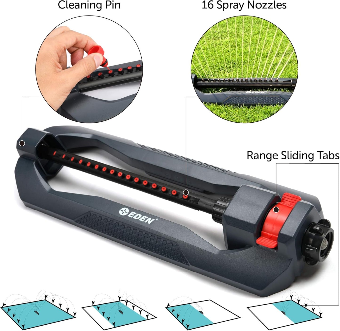 Eden 96213 Essential Turbo Oscillating Water Sprinkler, Covers Up to 3,600 sq. ft., 16 Nozzles, Weighted Base, Adjustable Range, Quick Connect
