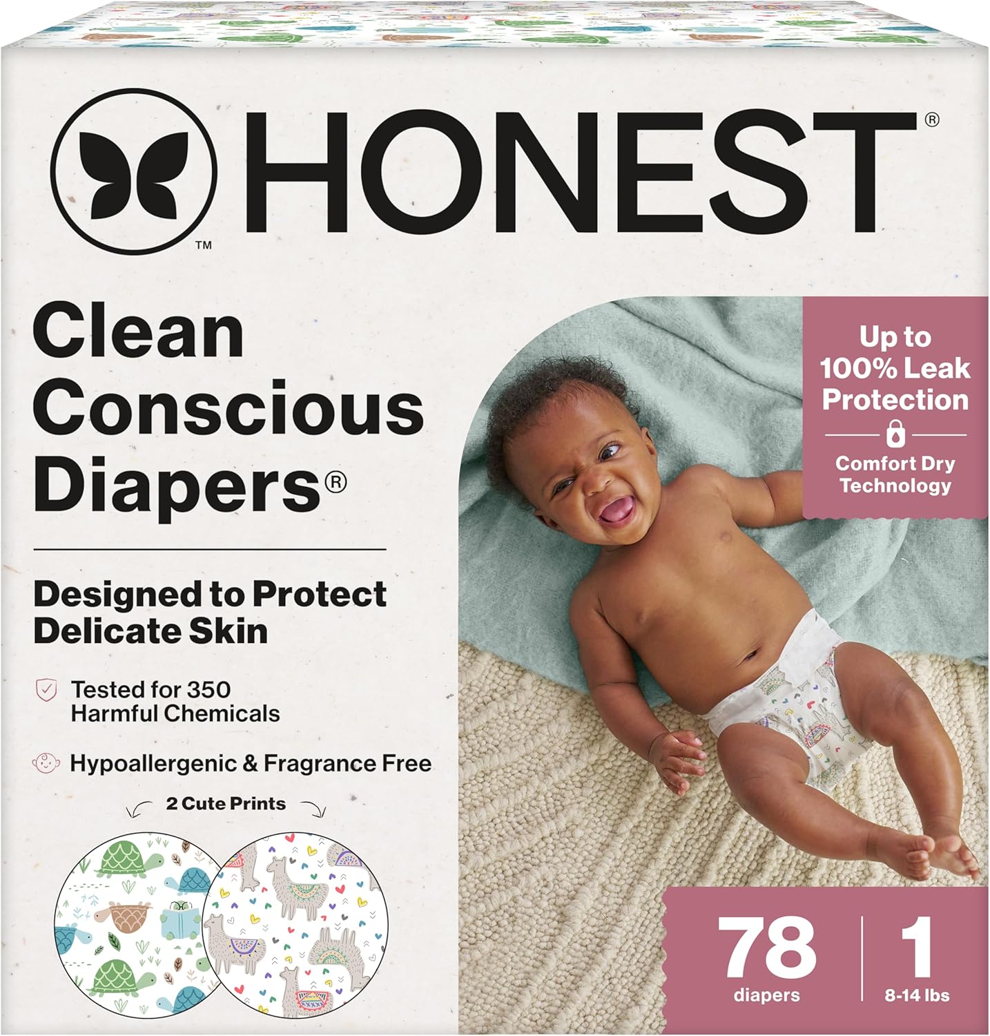 The Honest Company Comfort Dry Disposable Diapers for Sensitive Skin, Hypoallergenic, All The Alpacas + Turtle