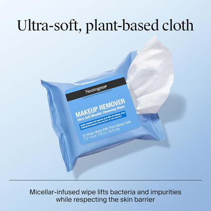 Neutrogena Makeup Remover Wipes Micellar Alcohol-Free Face Towelettes Remove Waterproof Mascara & Oil, Compostable 100% Plant-Based