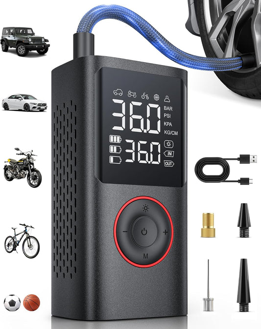Powools Tire Inflator Portable Air Compressor, 150 PSI Cordless Bike Pump, Air Pump for Auto, Motorcycle, Bicycle, Balls with Pressure