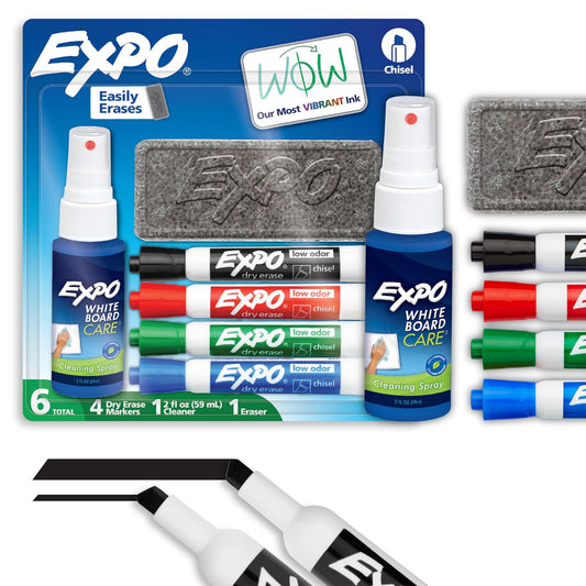 EXPO Dry Erase Markers Kit, Chisel Tip, Assorted Colors, Eraser, Spray Cleaner, 6 Count - Whiteboard, Calendar, Office Essentials, School