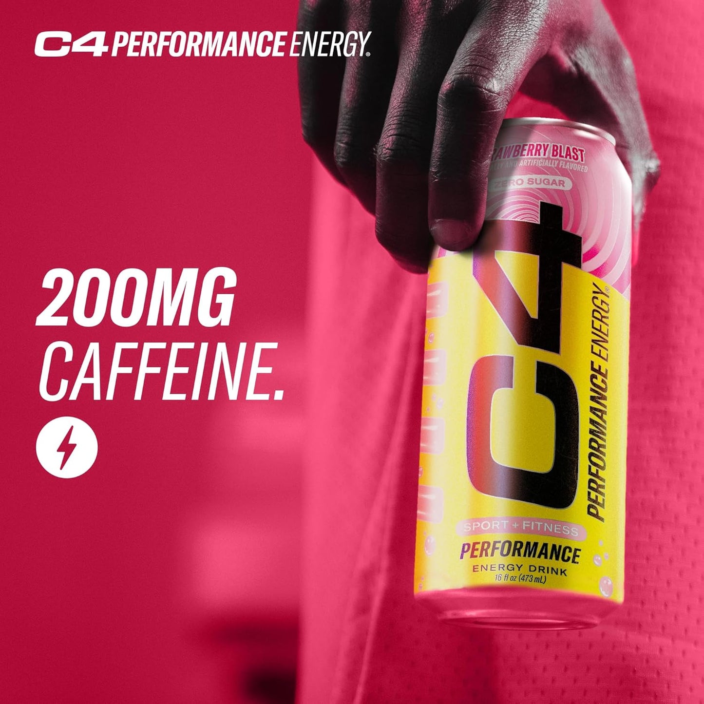 C4 Performance Energy Drink, Strawberry Blast, Zero Sugar Carbonated Preworkout Energy, 200mg Caffeine with Beta Alanine, 16 Fl Oz (12 Pack)