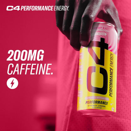 C4 Performance Energy Drink, Strawberry Blast, Zero Sugar Carbonated Preworkout Energy, 200mg Caffeine with Beta Alanine, 16 Fl Oz (12 Pack)