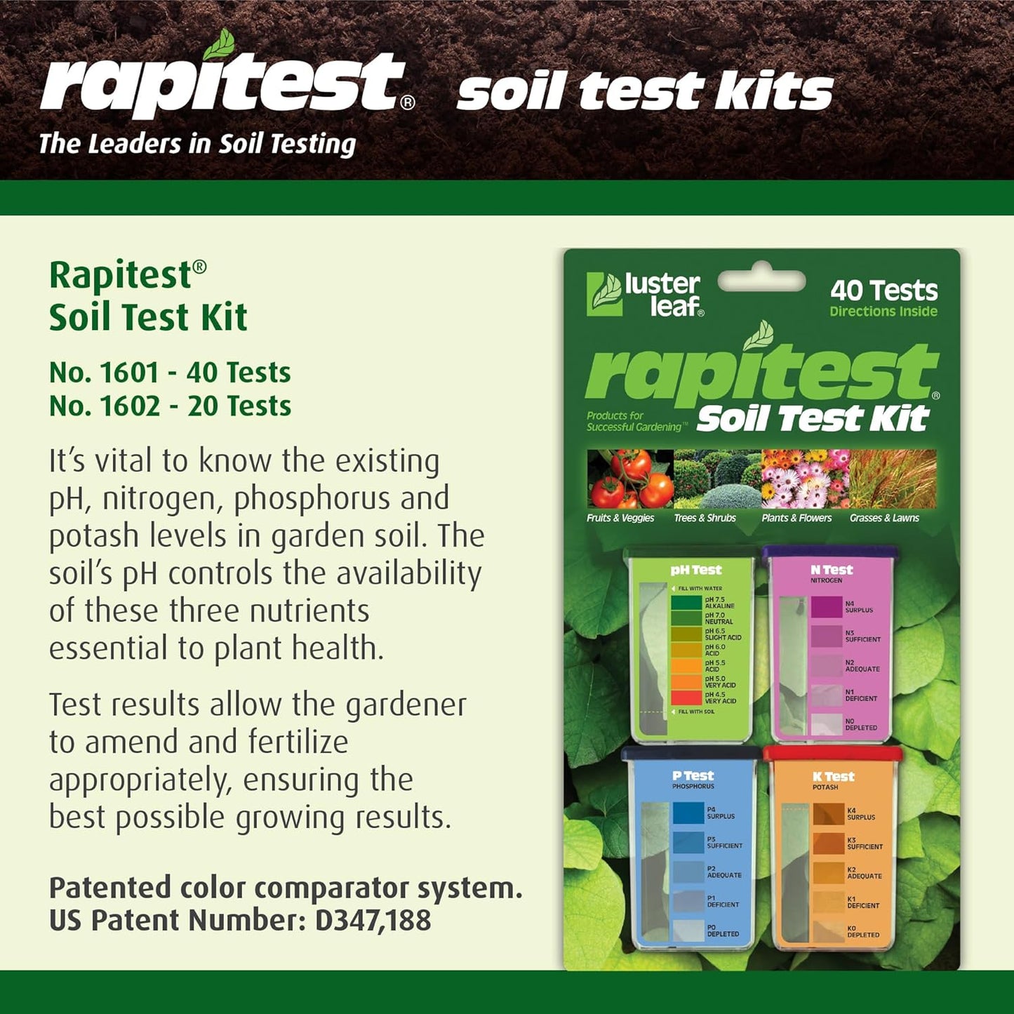 Rapitest Soil Test Kit for Gardens, Vegetables, Flowers and Lawns. USA designed and assembled soil tester
