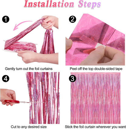 2 Pack Glitter Pink Backdrop, 3.28 FT x 7.05 FT Birthday Party Decorations, Laser Pink Fringe Curtains Foil Streamer