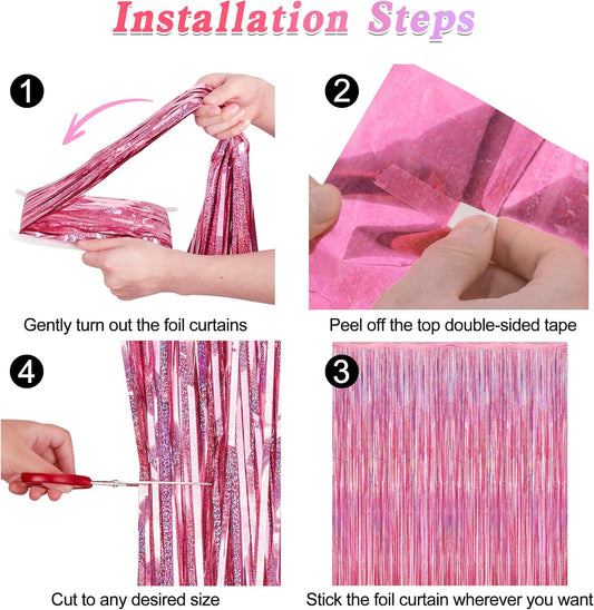 2 Pack Glitter Pink Backdrop, 3.28 FT x 7.05 FT Birthday Party Decorations, Laser Pink Fringe Curtains Foil Streamer